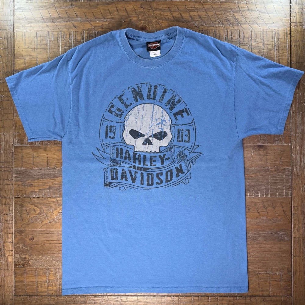 Harley Davidson T-Shirt Blue Size Large Skulls Pig Trail